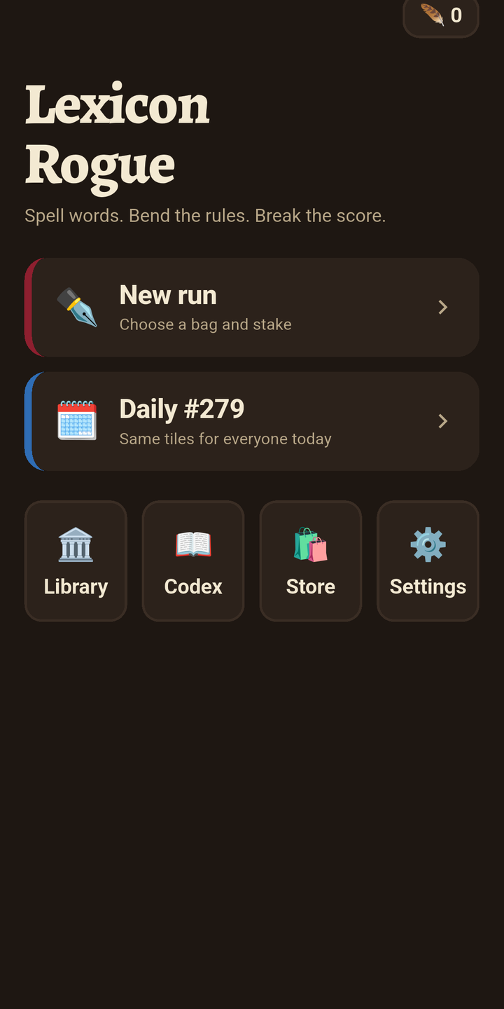 Home screen: the Lexicon Rogue title, New run and Daily #279 buttons, and Library, Codex, Store and Settings.
