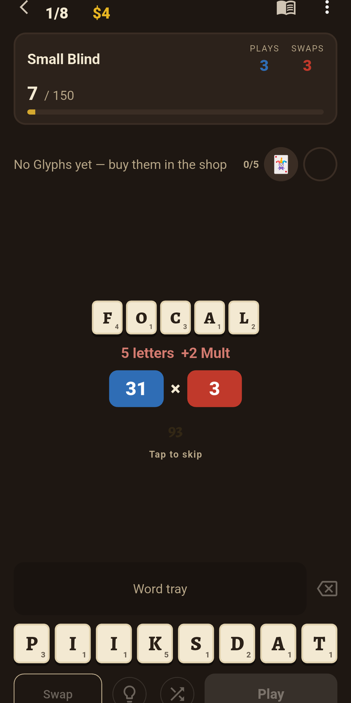 Scoring FOCAL: the tiles light up one by one, “5 letters +2 Mult”, then 31 Base × 3 Mult.