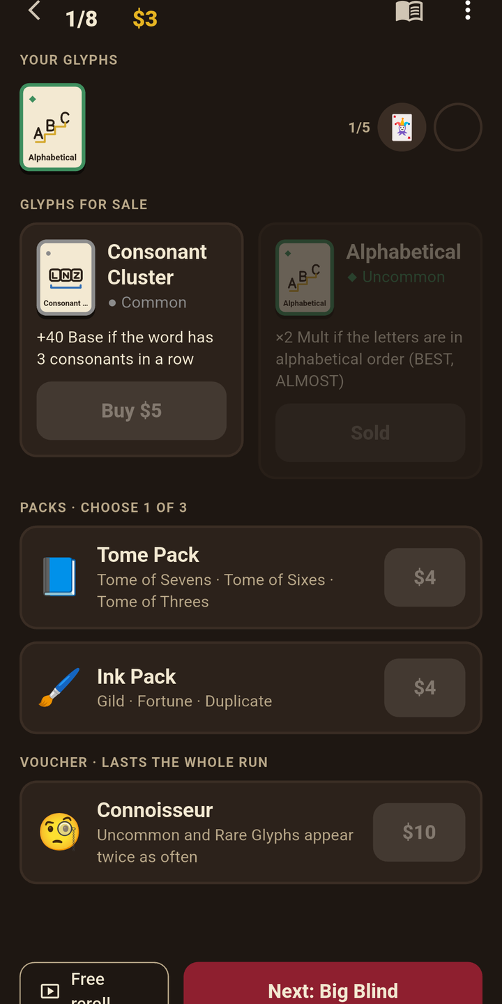 The shop: Consonant Cluster and Alphabetical Glyphs for sale, Tome and Ink packs, and the Connoisseur Voucher.